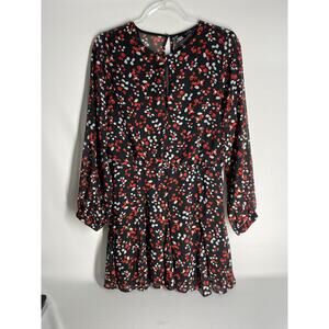 Zara Black Red Flower Petal Printed Long Sleeve Mini Dress Flowy Size Large NEW
